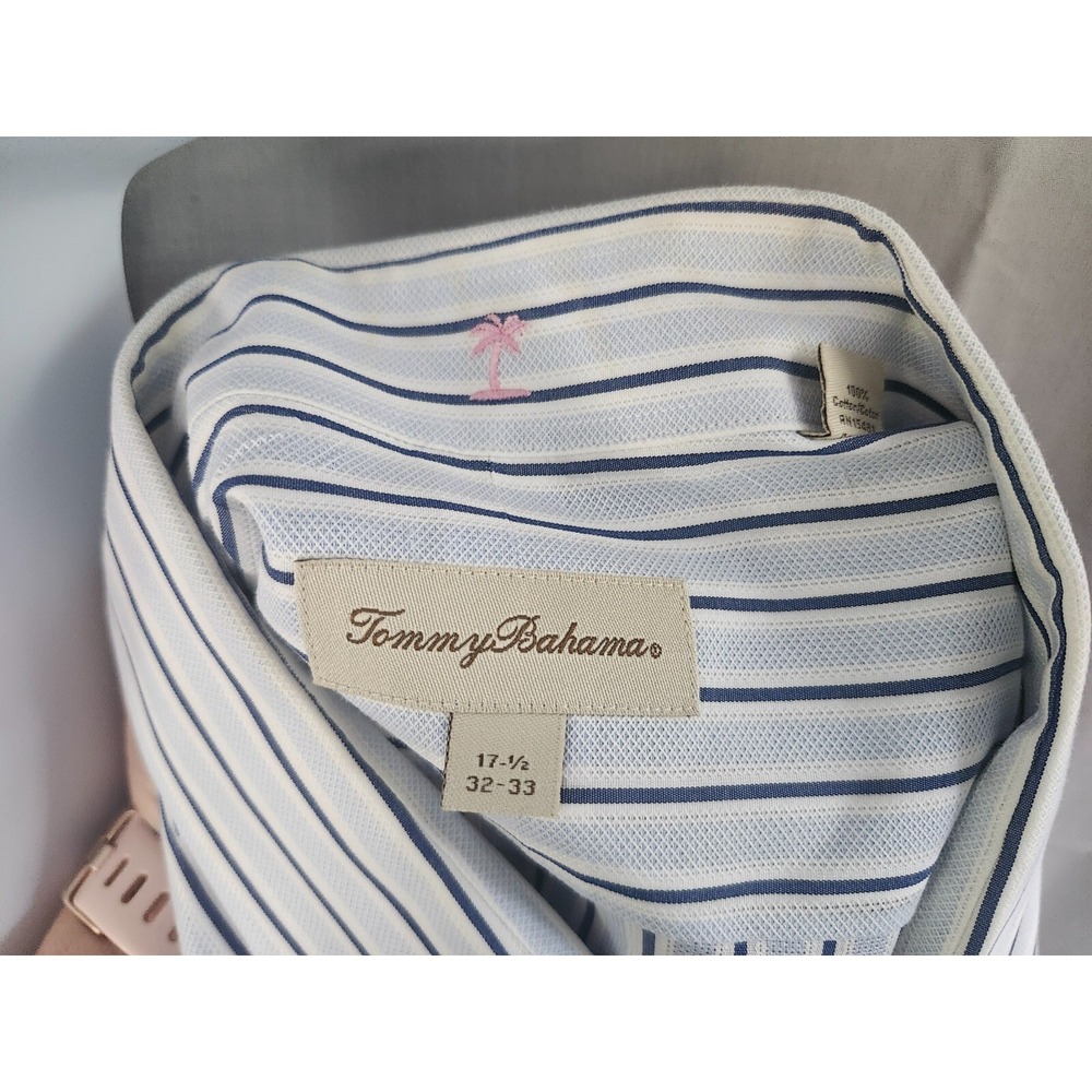 Tommy Bahama Shirt Mens 17.5 32/33 Cotton Stripe Long Sleeve Button Up Dress - Picture 4 of 4